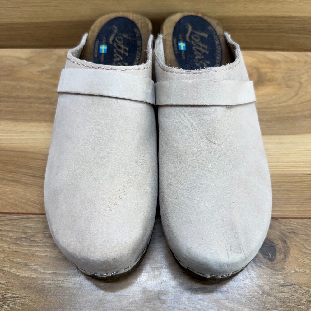 Lotta's From Stockholm Classic Clogs Womens 9 EU 40 Beige Nubuck Wooden Soles